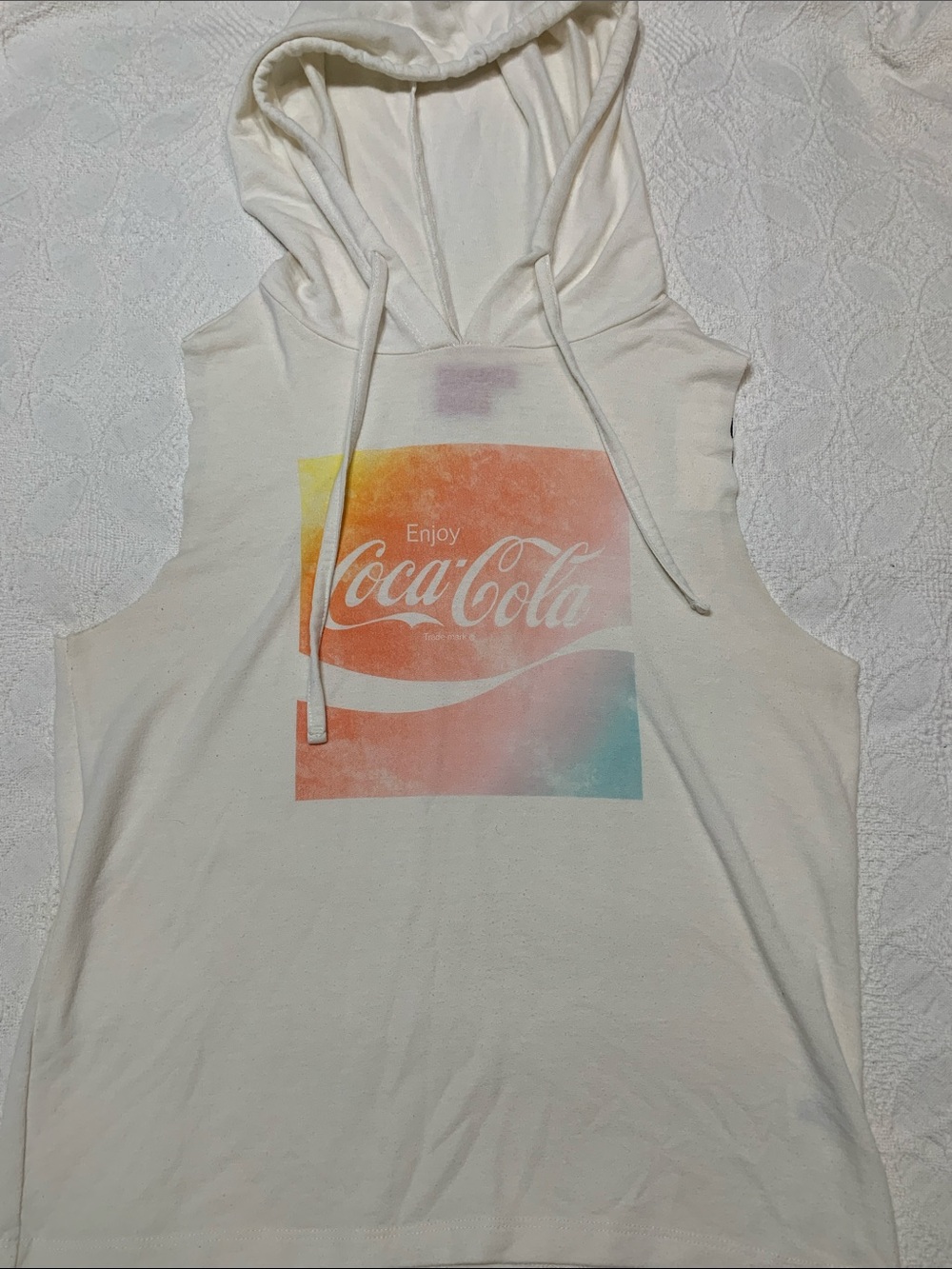 Coca Cola White Sleeveless Hooded Tank with Pastel Gradient Logo